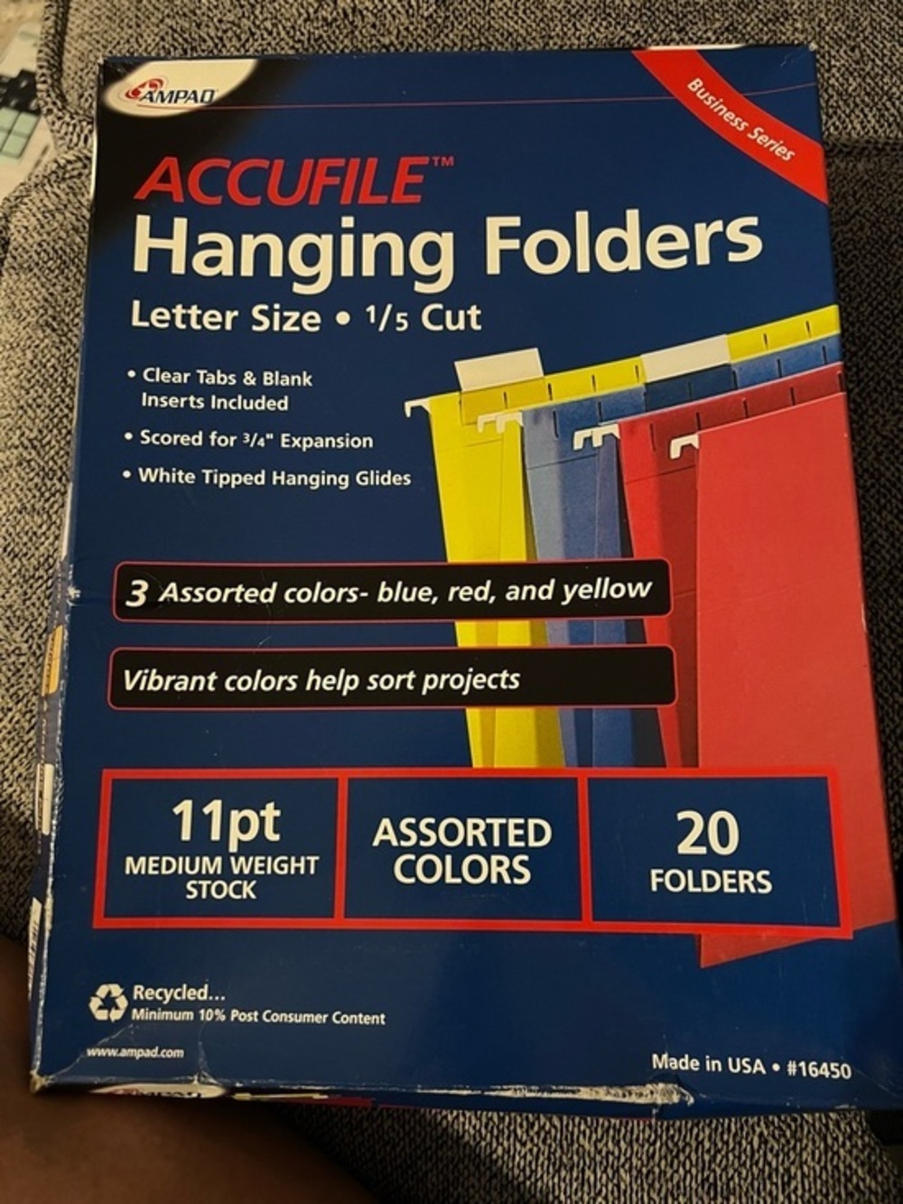 Assorted Hanging Folders - Blue, Red & Yellow (20 Pack)